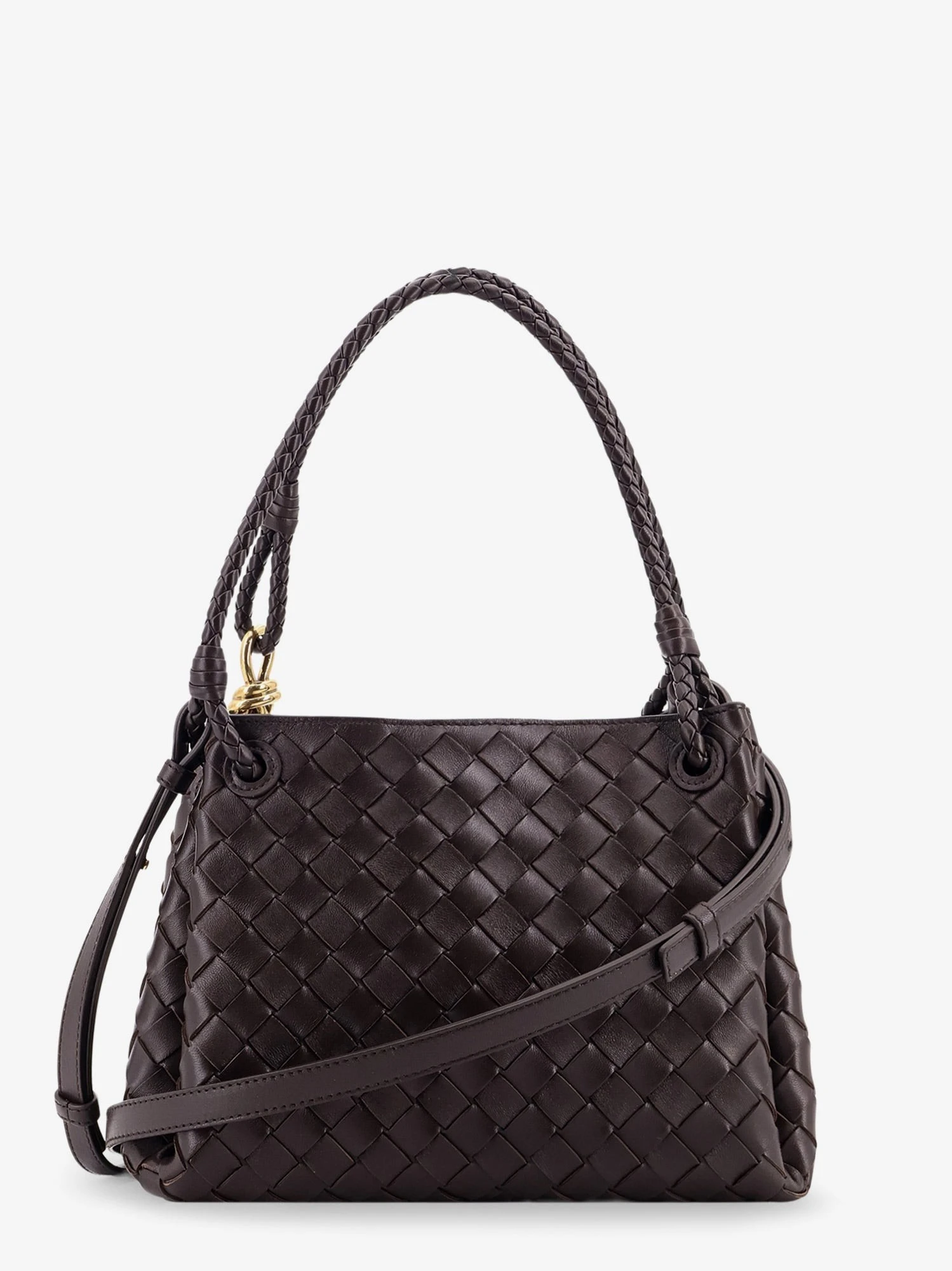 Parachute leather shoulder bag with Intrecciato pattern and Knot detail.webp