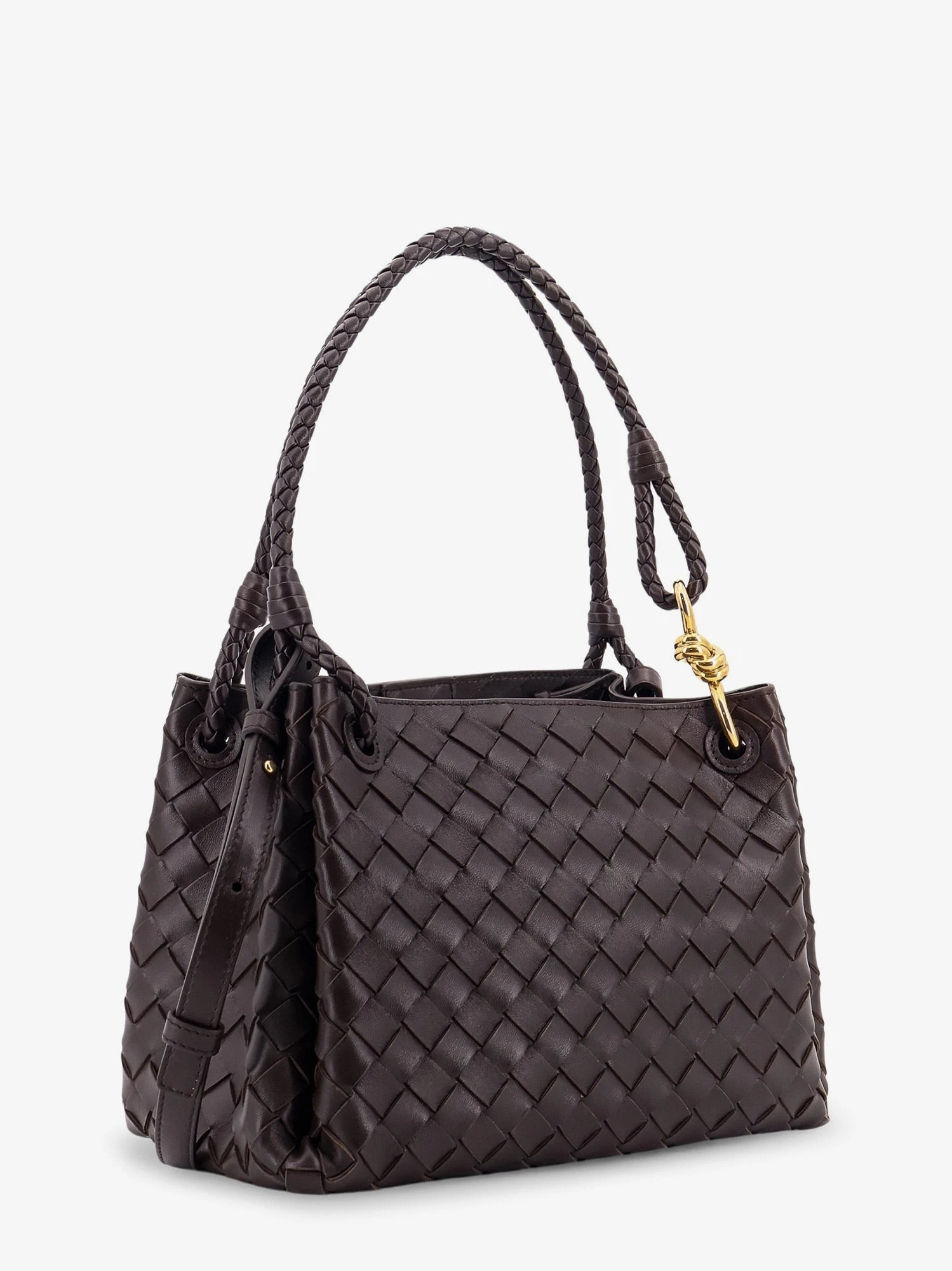 Parachute leather shoulder bag with Intrecciato pattern and Knot detail.webp