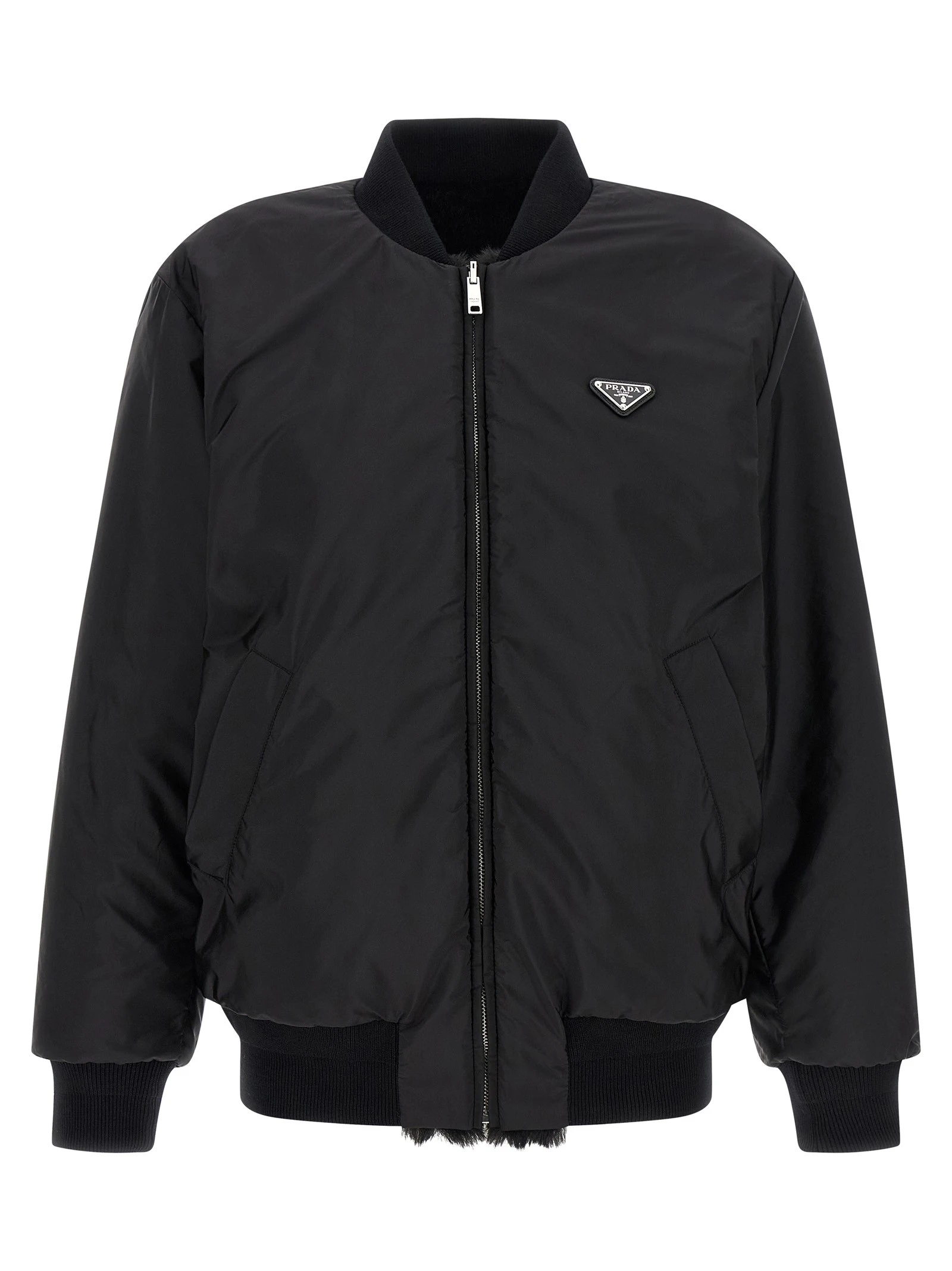 Eco-fur and Re-Nylon reversible bomber jacket