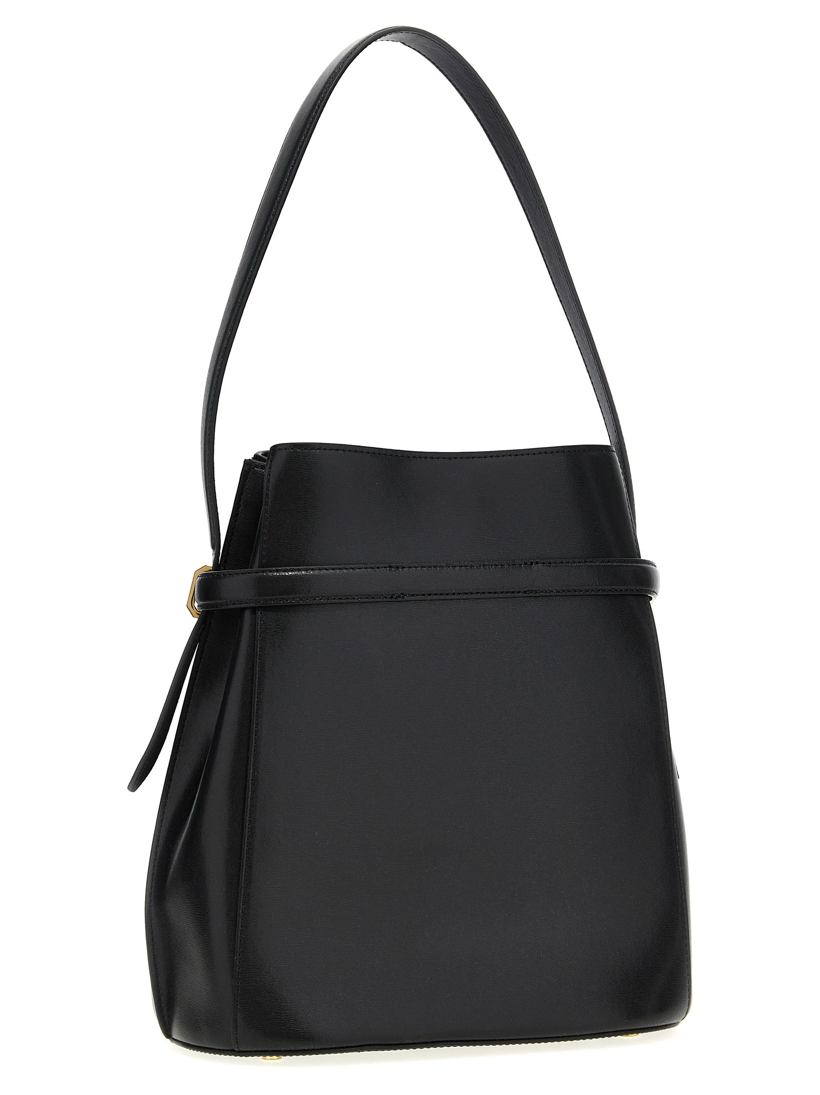 Belted leather bucket bag