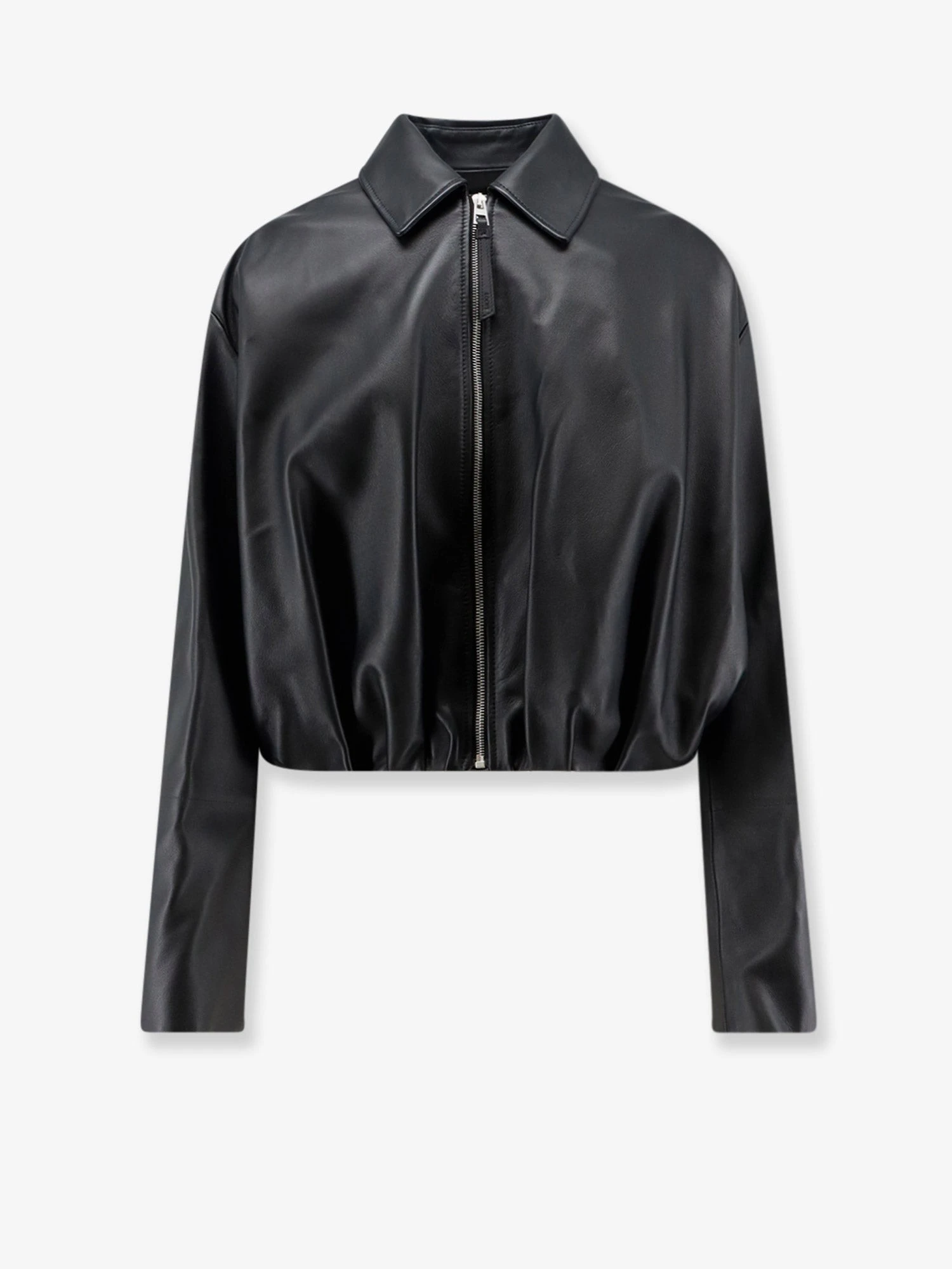 Cropped leather jacket with back logo patch