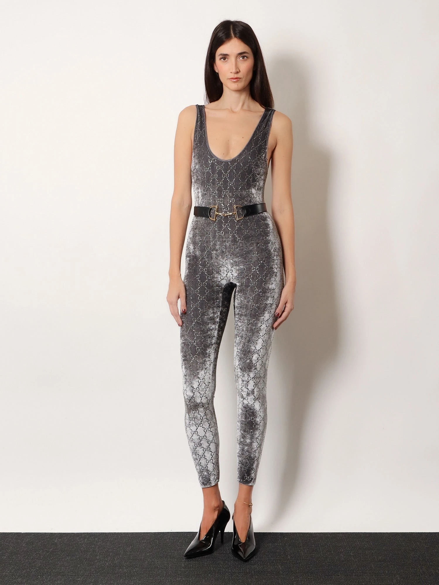 Stretch chenille jumpsuit with all-over crystals.webp