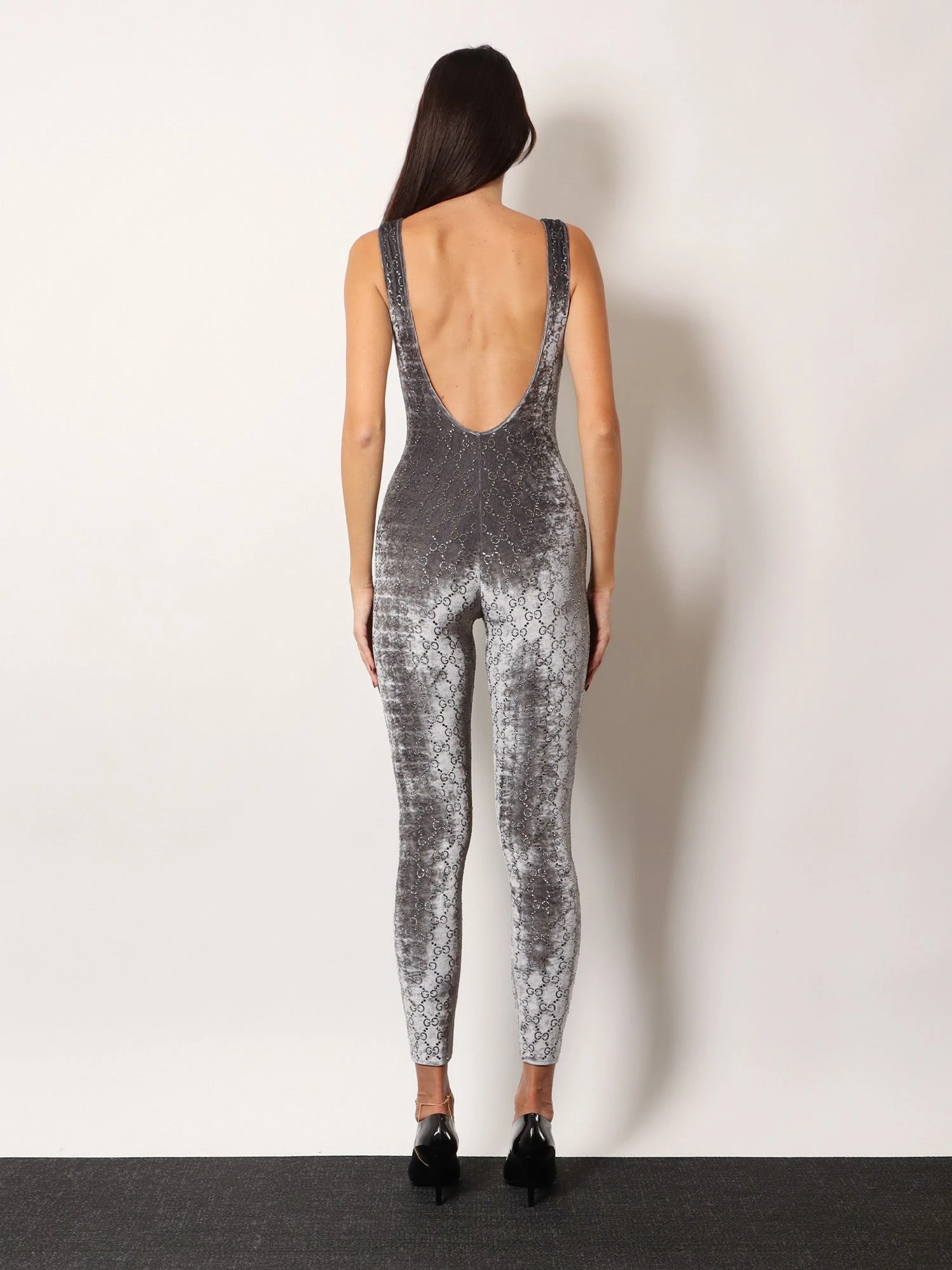 Stretch chenille jumpsuit with all-over crystals.webp