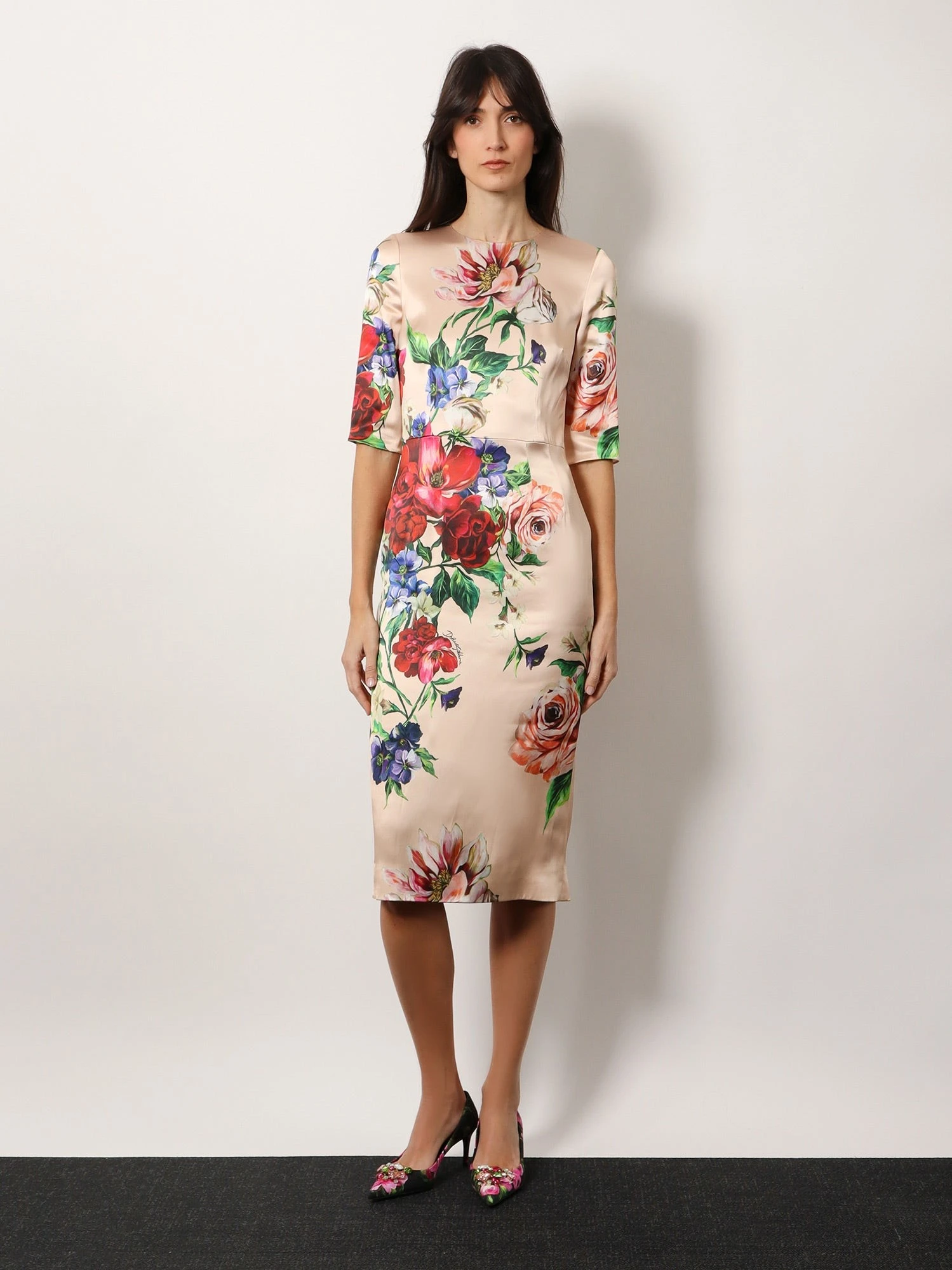Satin dress with iconic floral print.webp