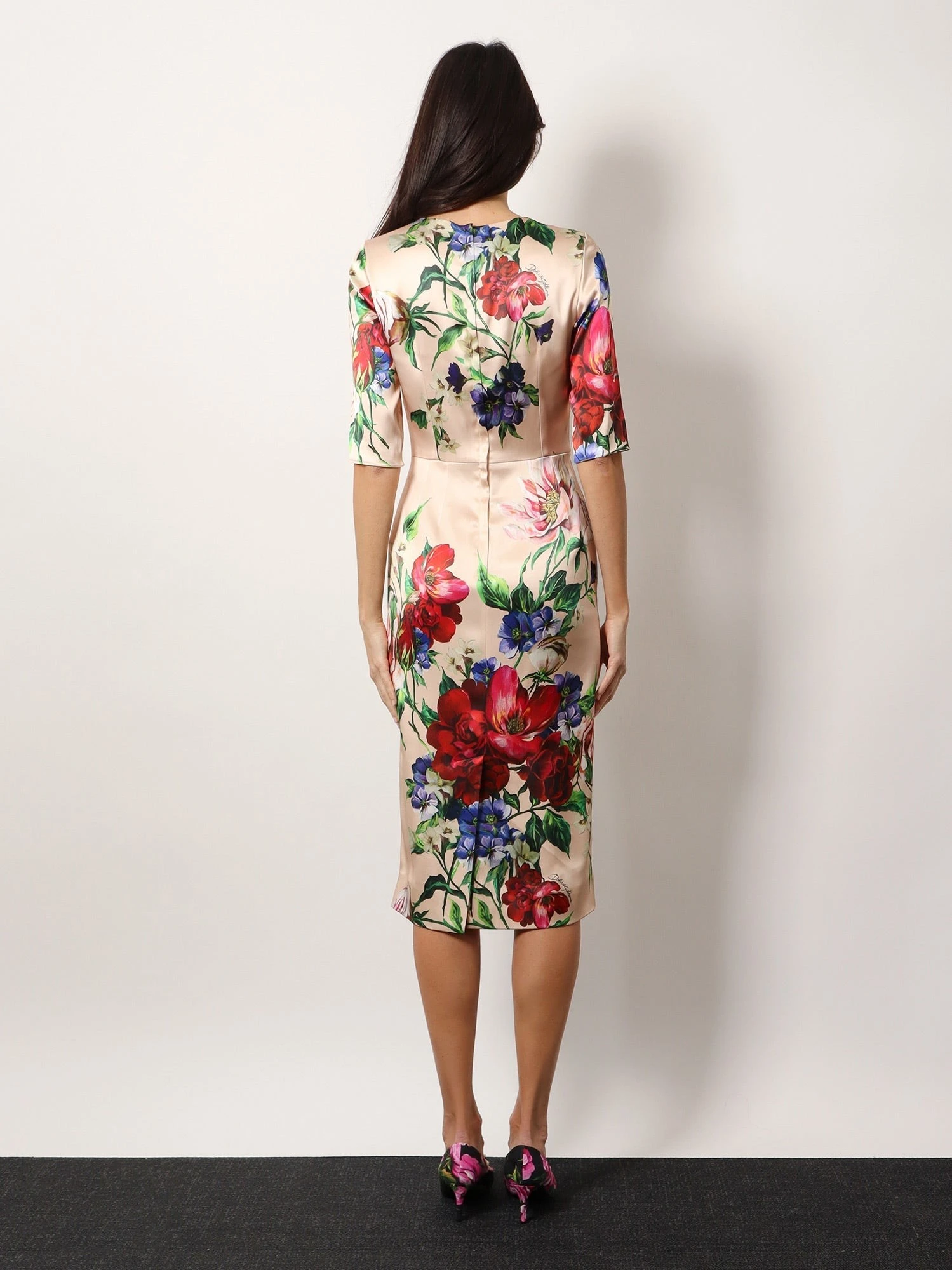 Satin dress with iconic floral print.webp