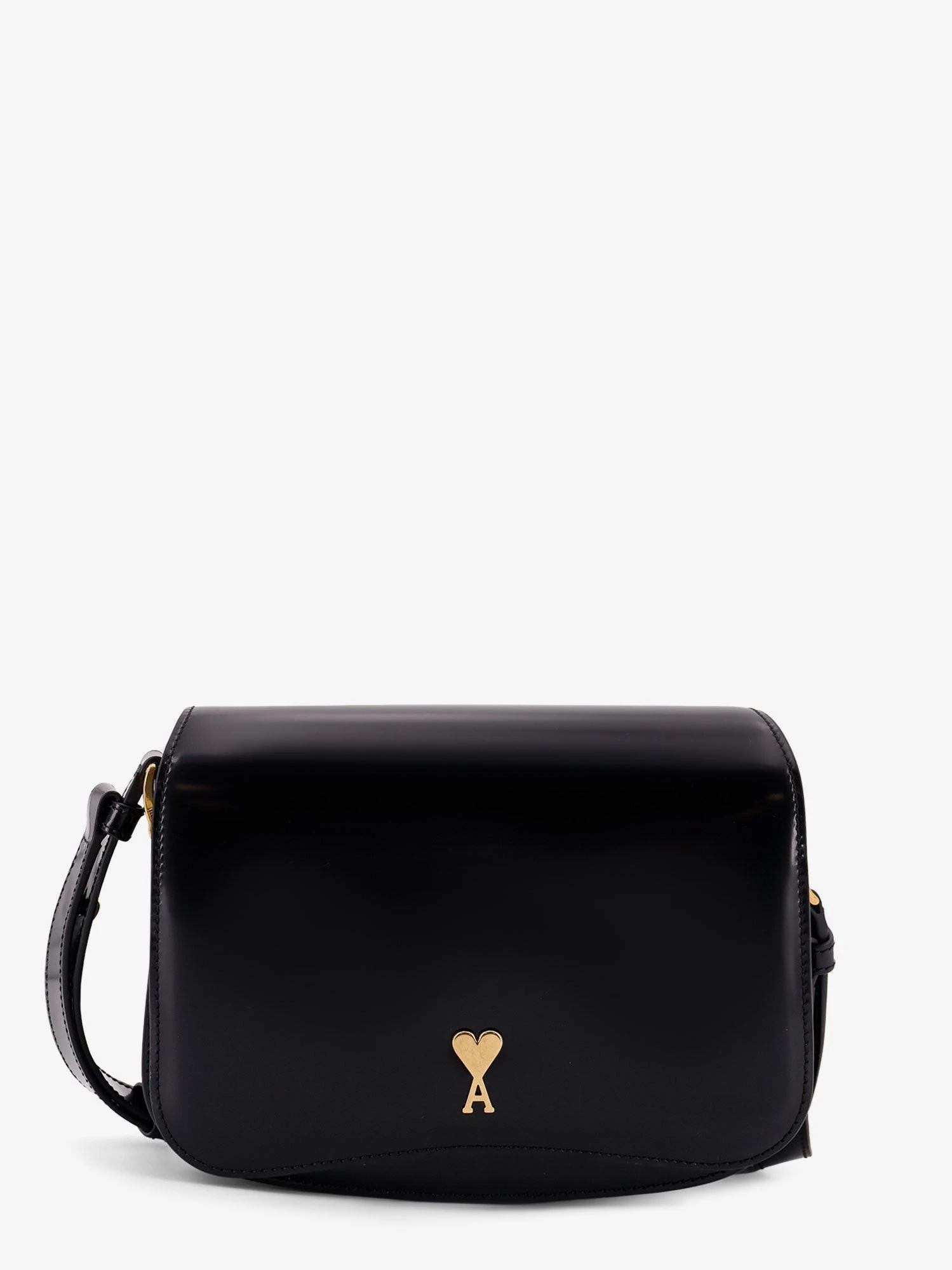 Leather shoulder bag with metal logo on the front.webp