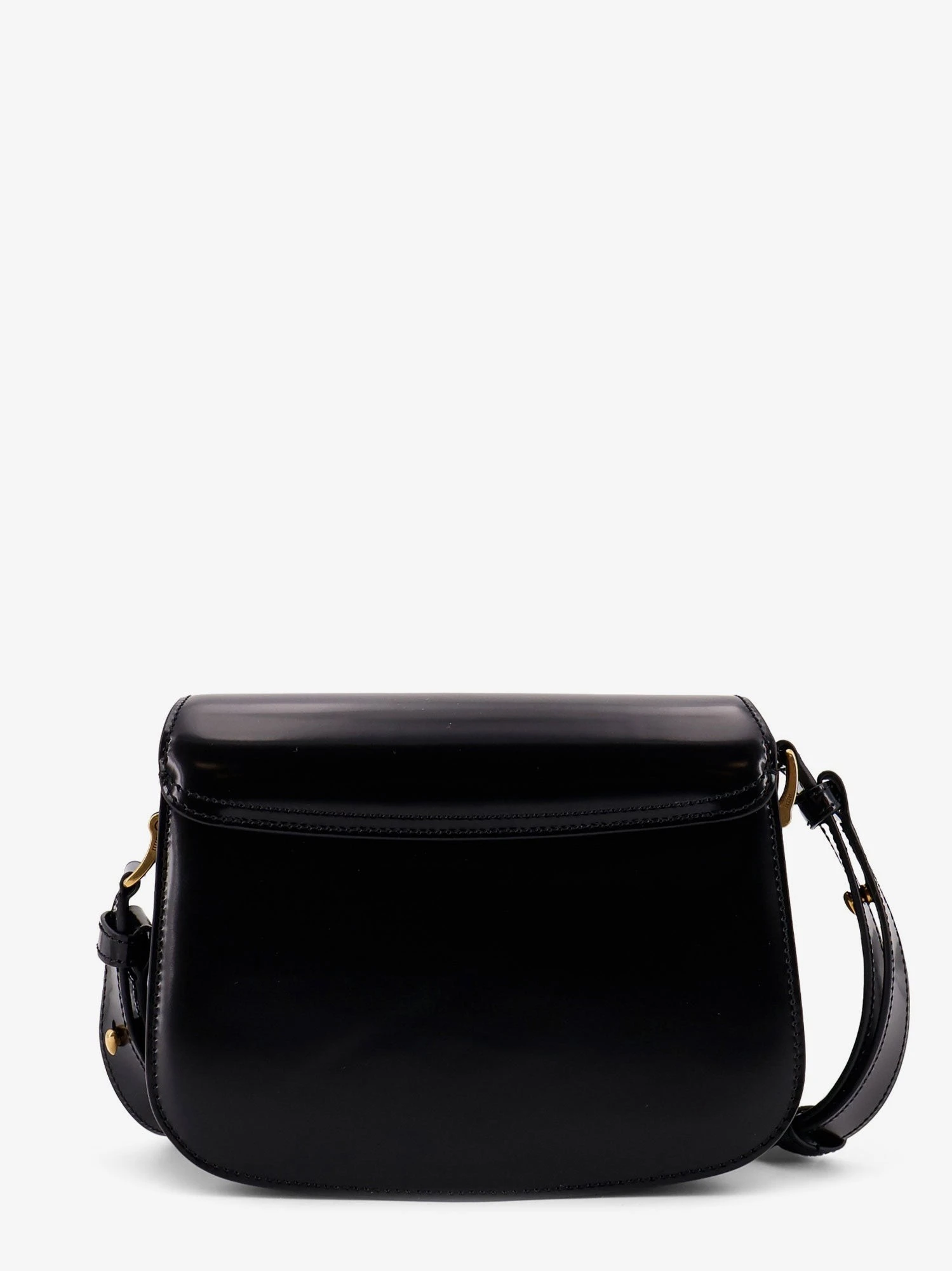 Leather shoulder bag with metal logo on the front.webp