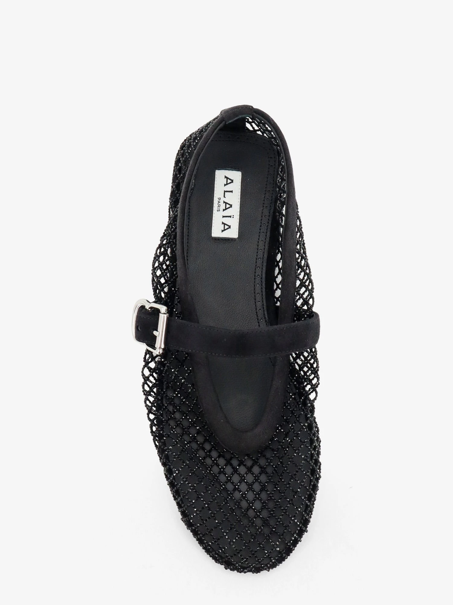 Flat mesh ballet flats with rhinestone detail.webp